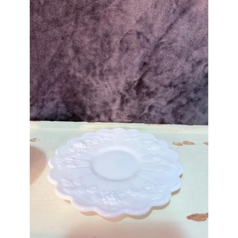 Vintage Milk Glass Teacup & Saucer Set Grapevine Relief Scalloped